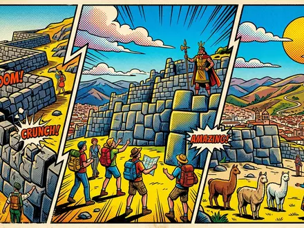 Pop-Art-Comicillustration des Wahrzeichens Sacsayhuaman in Cusco Peru, kraeftige Konturen Rasterpunkte und satte Farben - Foto: THN