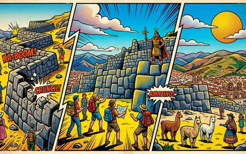 Pop-Art-Comicillustration des Wahrzeichens Sacsayhuaman in Cusco Peru, kraeftige Konturen Rasterpunkte und satte Farben - Foto: THN