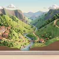 Isometrisches Diorama von Cocora-Tal und Umgebung in Salento Kolumbien, verspielte Low-Poly-Kulisse in Pastellfarben - Foto: THN