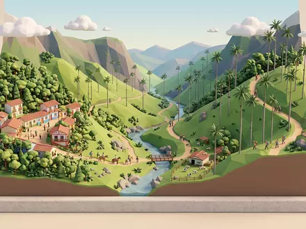 Isometrisches Diorama von Cocora-Tal und Umgebung in Salento Kolumbien, verspielte Low-Poly-Kulisse in Pastellfarben - Foto: THN