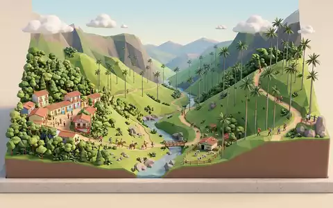 Isometrisches Diorama von Cocora-Tal und Umgebung in Salento Kolumbien, verspielte Low-Poly-Kulisse in Pastellfarben - Foto: THN