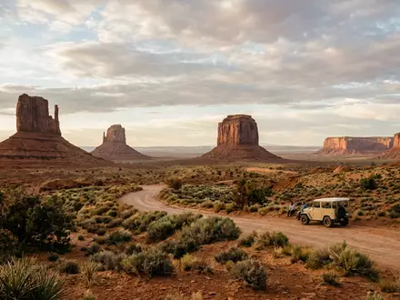 Editorialbild im Reisemagazin-Stil vom Wahrzeichen Monument Valley in Oljato USA, ausgewogene Bildgestaltung und natuerliches Umgebungslicht - Foto: THN