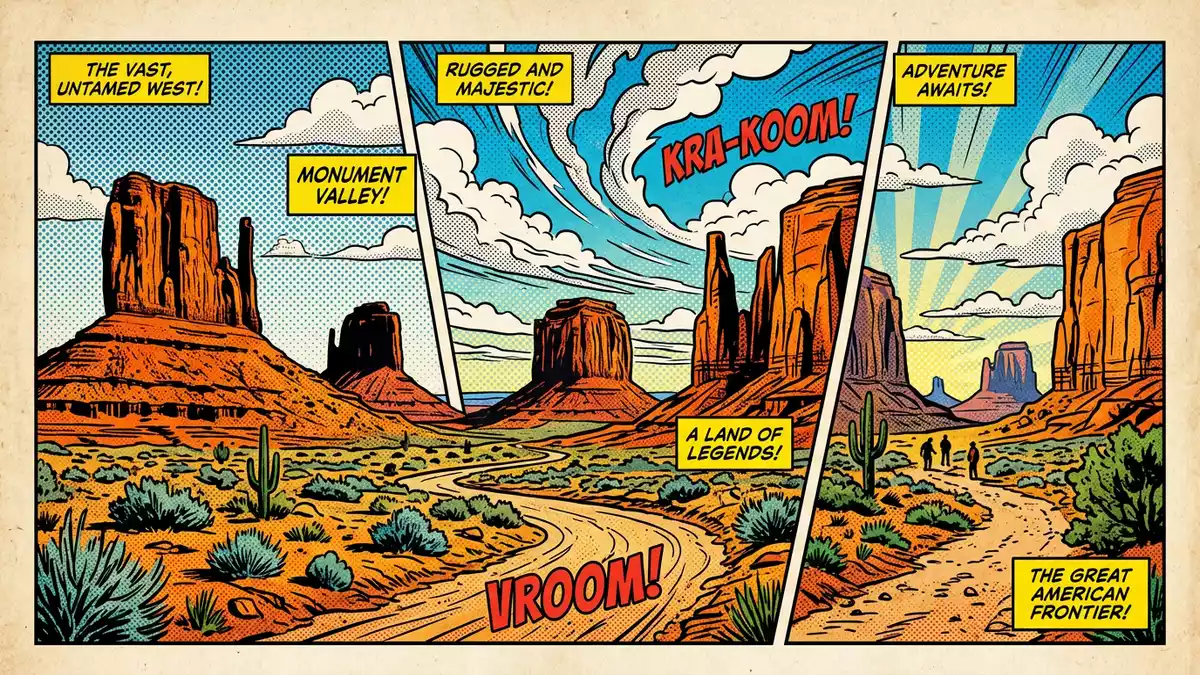 Pop-Art-Comic von Monument Valley in Oljato, USA mit Rasterpunkten