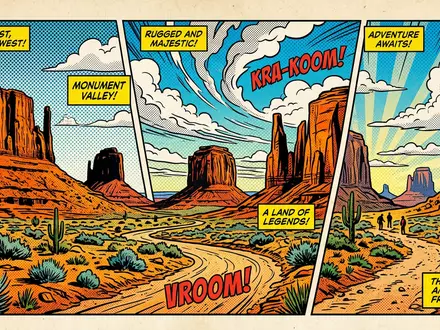 Pop-Art-Comicillustration des Wahrzeichens Monument Valley in Oljato USA, kraeftige Konturen Rasterpunkte und satte Farben - Foto: THN