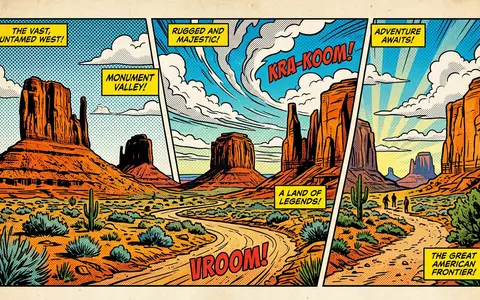 Pop-Art-Comicillustration des Wahrzeichens Monument Valley in Oljato USA, kraeftige Konturen Rasterpunkte und satte Farben - Foto: THN