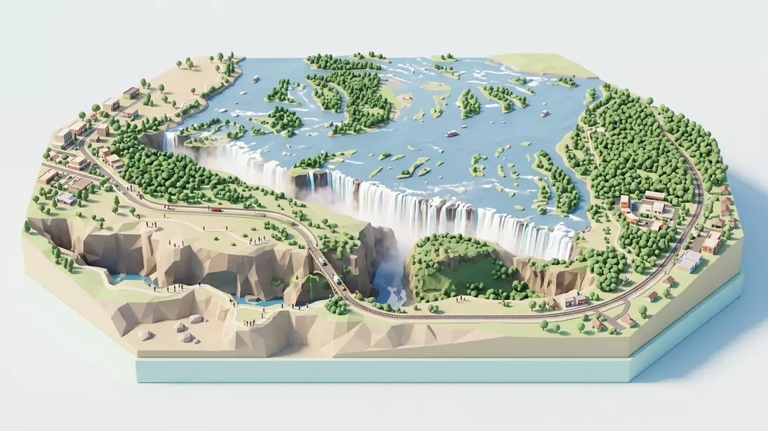 Isometrisches Diorama von Victoriafälle in Victoria Falls, Simbabwe/Sambia in Pastell