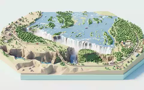 Isometrisches Diorama von Victoriafälle und Umgebung in Victoria Falls Simbabwe/Sambia, verspielte Low-Poly-Kulisse in Pastellfarben - Foto: THN