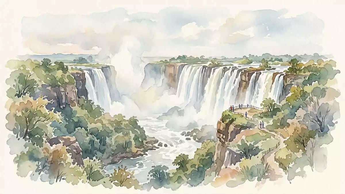 Aquarell-Illustration von Victoriafälle in Victoria Falls, Simbabwe/Sambia als Reiseposter