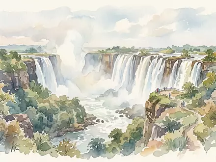 Aquarellillustration des Wahrzeichens Victoriafälle in Victoria Falls Simbabwe/Sambia, weiche Farbverläufe und pastelliges Reiseposter-Feeling - Foto: THN