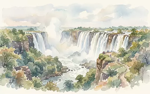 Aquarellillustration des Wahrzeichens Victoriafälle in Victoria Falls Simbabwe/Sambia, weiche Farbverläufe und pastelliges Reiseposter-Feeling - Foto: THN
