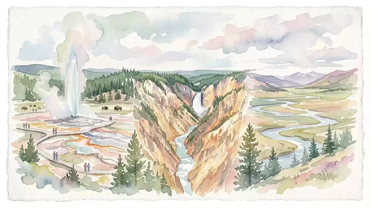 Aquarell-Illustration von Yellowstone-Nationalpark in Yellowstone, USA als Reiseposter
