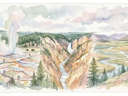 Aquarellillustration des Wahrzeichens Yellowstone-Nationalpark in Yellowstone USA, weiche Farbverläufe und pastelliges Reiseposter-Feeling - Foto: THN