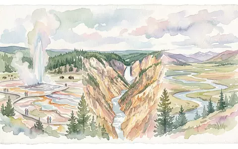Aquarellillustration des Wahrzeichens Yellowstone-Nationalpark in Yellowstone USA, weiche Farbverläufe und pastelliges Reiseposter-Feeling - Foto: THN