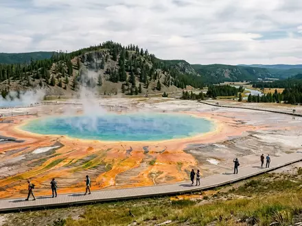 Editorialbild im Reisemagazin-Stil vom Wahrzeichen Yellowstone-Nationalpark in Yellowstone USA, ausgewogene Bildgestaltung und natuerliches Umgebungslicht - Foto: THN