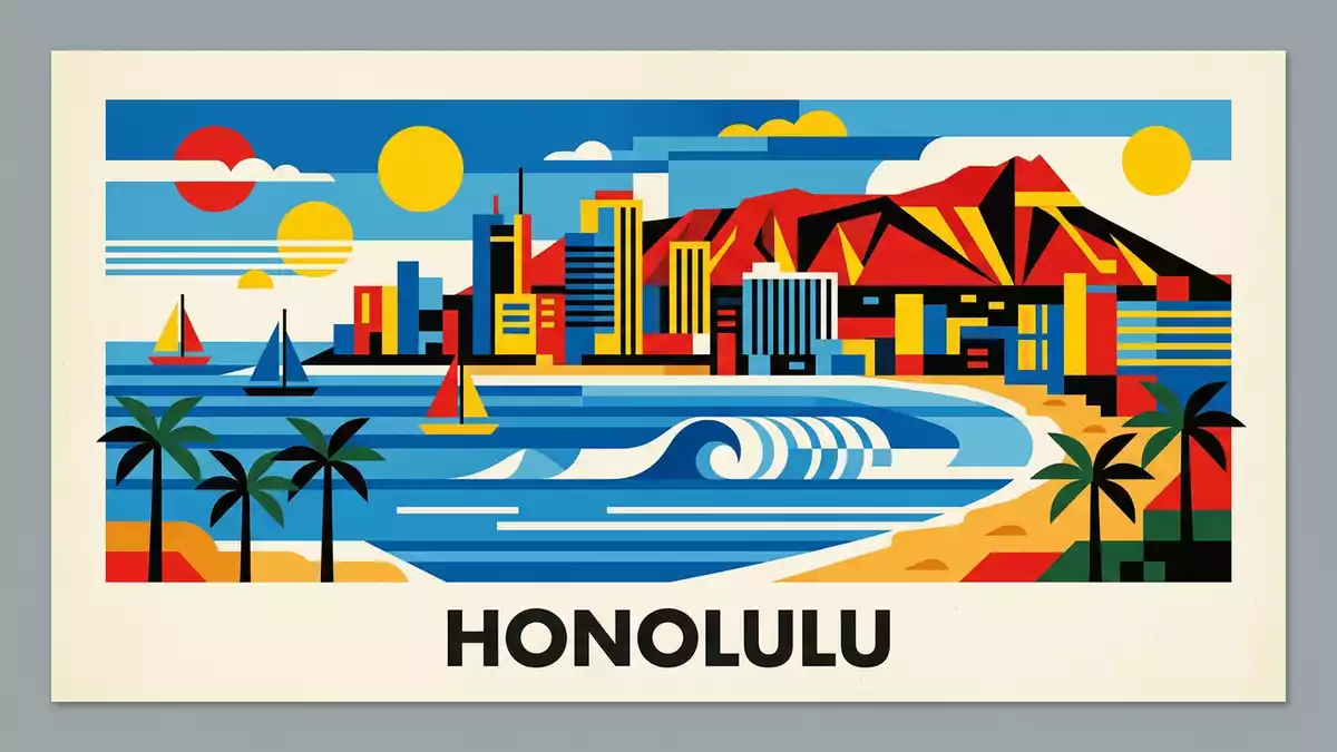 Bauhaus-Poster als Abstraktion von Waikiki Beach in Honolulu, USA