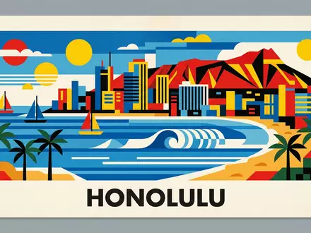 Bauhaus-Poster als geometrische Abstraktion von Waikiki Beach in Honolulu USA, kraeftige Grundfarben und harte Formkanten - Foto: THN