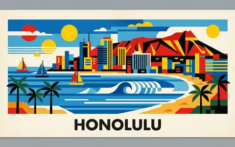 Bauhaus-Poster als geometrische Abstraktion von Waikiki Beach in Honolulu USA, kraeftige Grundfarben und harte Formkanten - Foto: THN