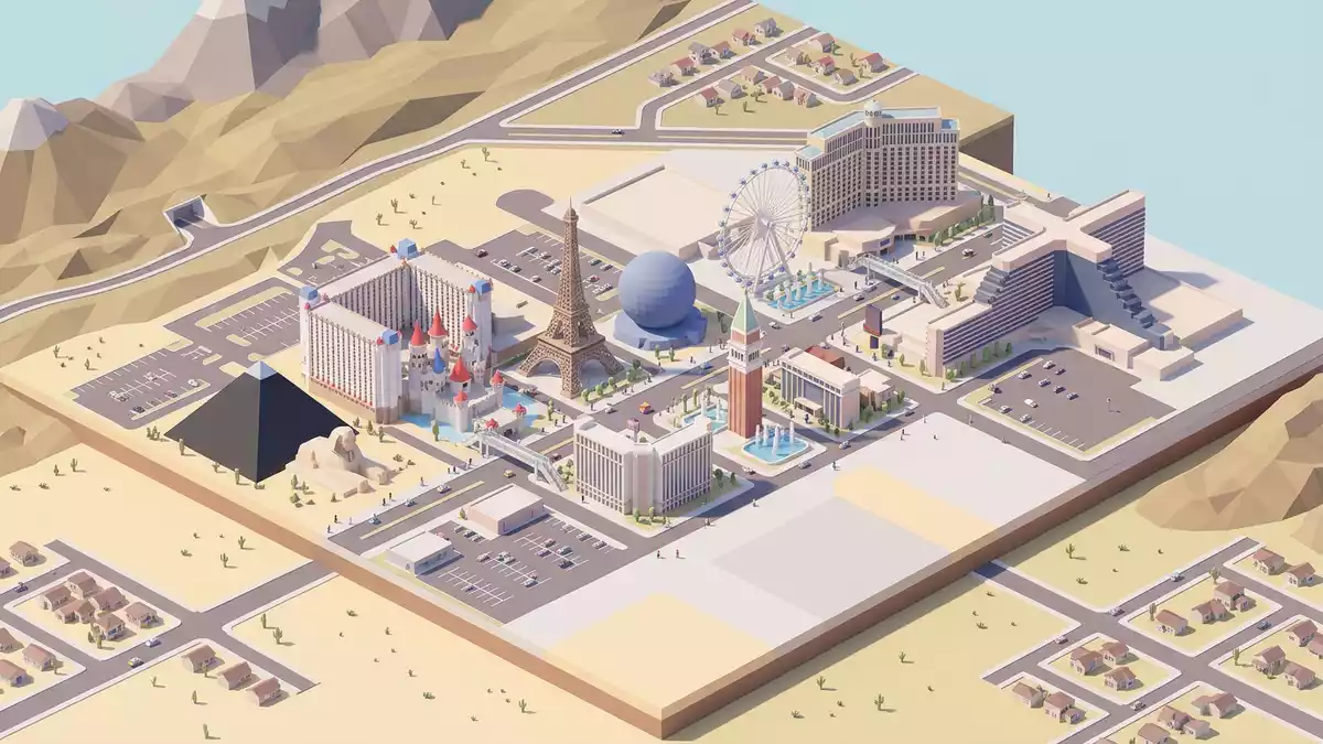 Isometrisches Diorama von Las Vegas Strip in Las Vegas, USA in Pastell
