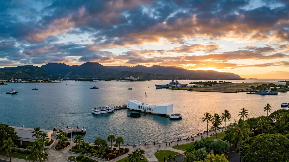 Fotorealistische Ansicht von Pearl Harbor in Honolulu, USA im Abendlicht