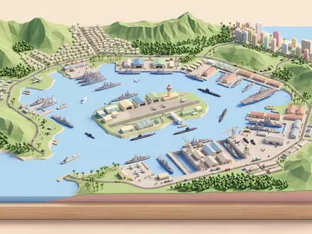 Isometrisches Diorama von Pearl Harbor und Umgebung in Honolulu USA, verspielte Low-Poly-Kulisse in Pastellfarben - Foto: THN