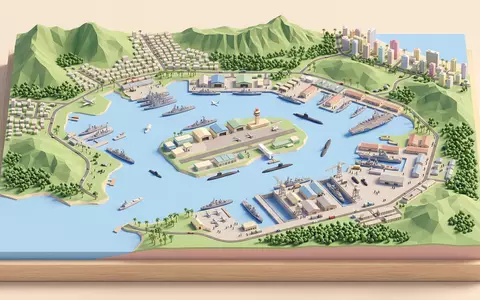 Isometrisches Diorama von Pearl Harbor und Umgebung in Honolulu USA, verspielte Low-Poly-Kulisse in Pastellfarben - Foto: THN