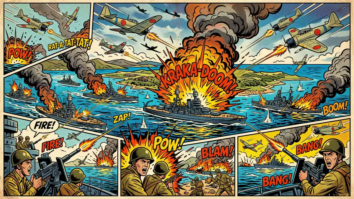 Pop-Art-Comic von Pearl Harbor in Honolulu, USA mit Rasterpunkten