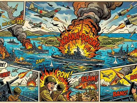Pop-Art-Comicillustration des Wahrzeichens Pearl Harbor in Honolulu USA, kraeftige Konturen Rasterpunkte und satte Farben - Foto: THN