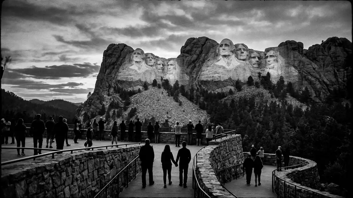 Schwarzweiss-Reportage vom Wahrzeichen Mount Rushmore in Keystone, USA