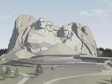 Moderner Architektur-Render zeigt Silhouette von Mount Rushmore in Keystone USA, klare Linien und neutrales Tageslicht - Foto: THN
