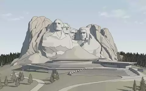 Moderner Architektur-Render zeigt Silhouette von Mount Rushmore in Keystone USA, klare Linien und neutrales Tageslicht - Foto: THN