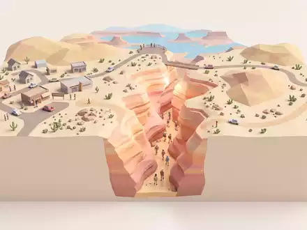Isometrisches Diorama von Antelope Canyon und Umgebung in Page USA, verspielte Low-Poly-Kulisse in Pastellfarben - Foto: THN