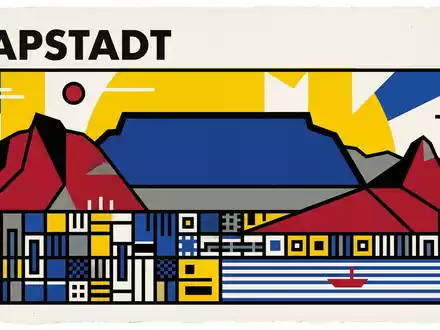 Bauhaus-Poster als geometrische Abstraktion von Tafelberg Kapstadt in Kapstadt Südafrika, kraeftige Grundfarben und harte Formkanten - Foto: THN