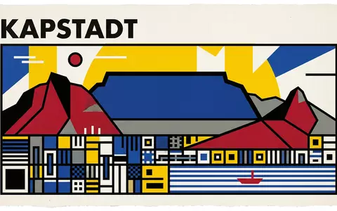 Bauhaus-Poster als geometrische Abstraktion von Tafelberg Kapstadt in Kapstadt Südafrika, kraeftige Grundfarben und harte Formkanten - Foto: THN