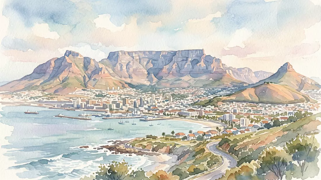 Aquarell-Illustration von Tafelberg Kapstadt in Kapstadt, Südafrika als Reiseposter