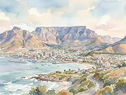 Aquarellillustration des Wahrzeichens Tafelberg Kapstadt in Kapstadt Südafrika, weiche Farbverläufe und pastelliges Reiseposter-Feeling - Foto: THN