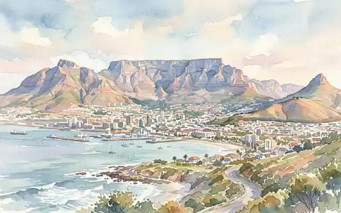 Aquarellillustration des Wahrzeichens Tafelberg Kapstadt in Kapstadt Südafrika, weiche Farbverläufe und pastelliges Reiseposter-Feeling - Foto: THN