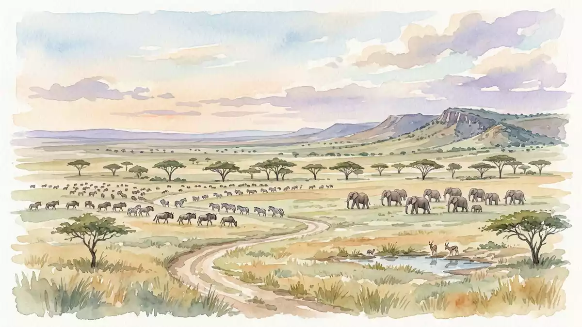 Aquarell-Illustration von Serengeti-Nationalpark in Serengeti, Tansania als Reiseposter
