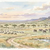 Aquarellillustration des Wahrzeichens Serengeti-Nationalpark in Serengeti Tansania, weiche Farbverläufe und pastelliges Reiseposter-Feeling - Foto: THN