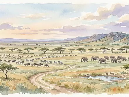 Aquarellillustration des Wahrzeichens Serengeti-Nationalpark in Serengeti Tansania, weiche Farbverläufe und pastelliges Reiseposter-Feeling - Foto: THN