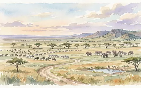 Aquarellillustration des Wahrzeichens Serengeti-Nationalpark in Serengeti Tansania, weiche Farbverläufe und pastelliges Reiseposter-Feeling - Foto: THN