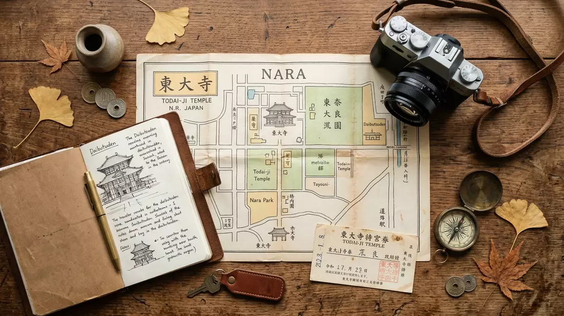 Flatlay-Reise-Arrangement rund um Todai-ji Nara in Nara, Japan