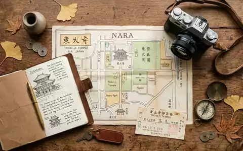 Flatlay-Reise-Arrangement rund um Todai-ji Nara in Nara Japan, Karte Kompass Kamera und generische Reiserequisiten - Foto: THN