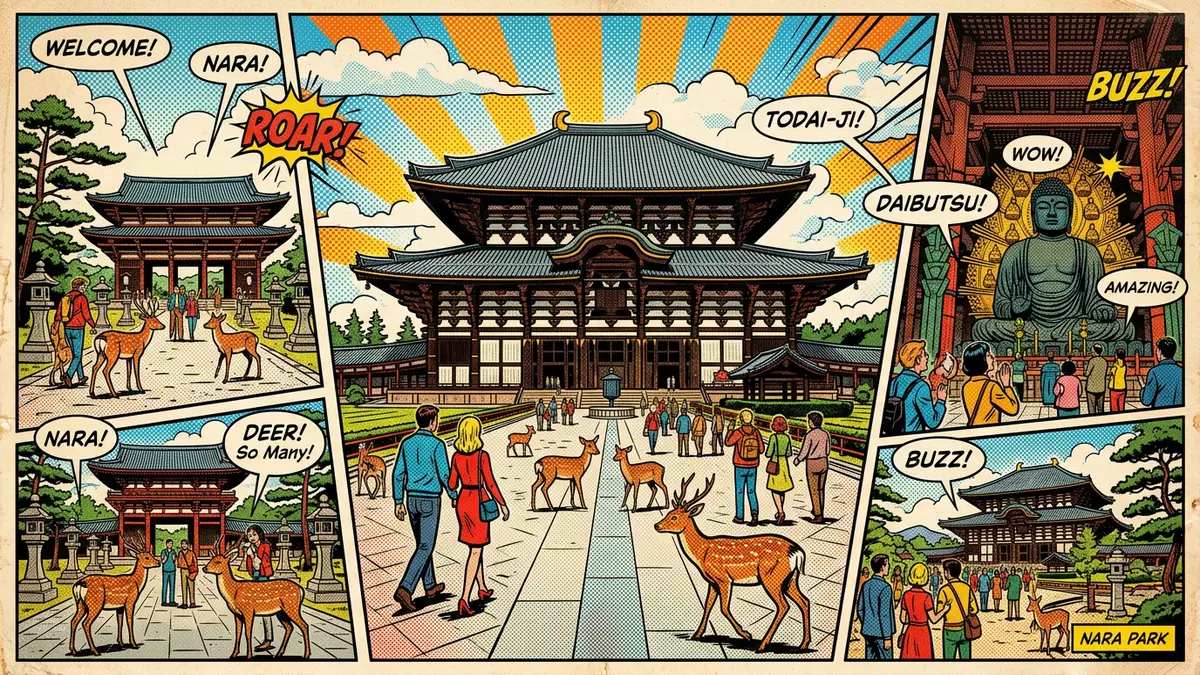 Pop-Art-Comic von Todai-ji Nara in Nara, Japan mit Rasterpunkten