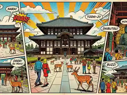 Pop-Art-Comicillustration des Wahrzeichens Todai-ji Nara in Nara Japan, kraeftige Konturen Rasterpunkte und satte Farben - Foto: THN