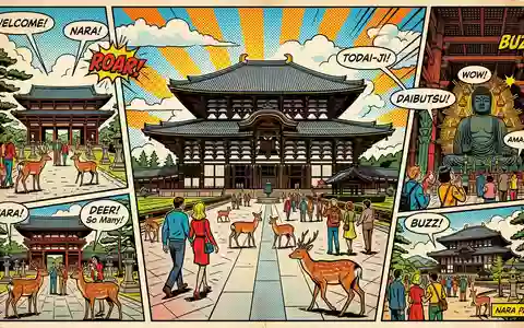 Pop-Art-Comicillustration des Wahrzeichens Todai-ji Nara in Nara Japan, kraeftige Konturen Rasterpunkte und satte Farben - Foto: THN