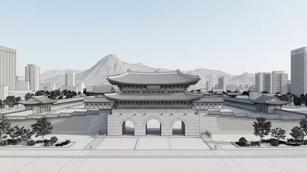 Architektur-Render von Gwanghwamun in Seoul, Sudkorea bei Tageslicht