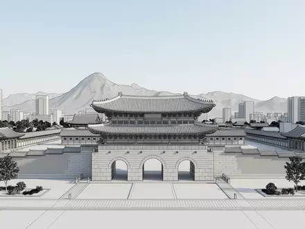 Moderner Architektur-Render zeigt Silhouette von Gwanghwamun in Seoul Sudkorea, klare Linien und neutrales Tageslicht - Foto: THN
