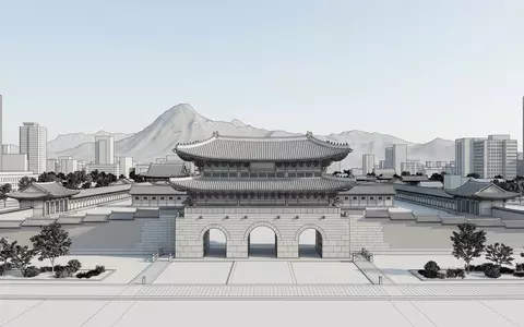 Moderner Architektur-Render zeigt Silhouette von Gwanghwamun in Seoul Sudkorea, klare Linien und neutrales Tageslicht - Foto: THN
