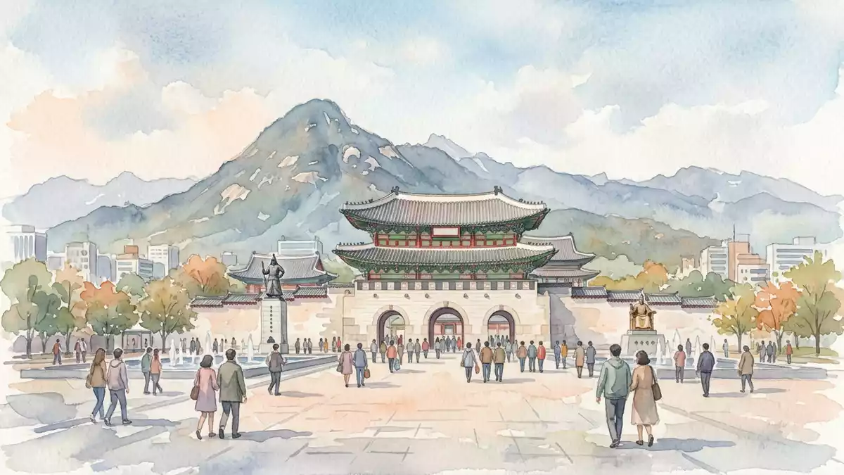 Aquarell-Illustration von Gwanghwamun in Seoul, Sudkorea als Reiseposter