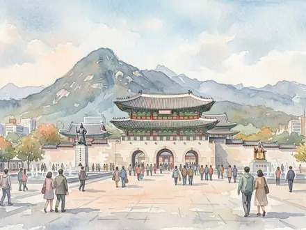 Aquarellillustration des Wahrzeichens Gwanghwamun in Seoul Sudkorea, weiche Farbverläufe und pastelliges Reiseposter-Feeling - Foto: THN